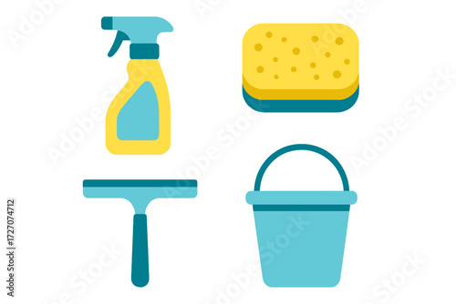Cleaning supplies collection with spray bottle, sponge, squeegee, and bucket ready for use in home or office