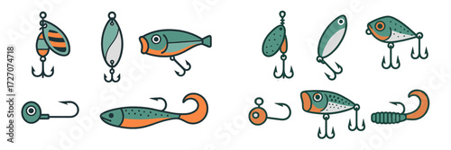 Various fishing lures displayed on a flat surface showcasing different designs and types