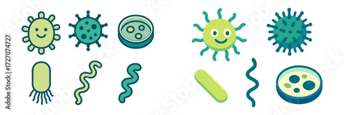 Colorful cartoon depictions of various bacteria and viruses showing different shapes and features in a playful style