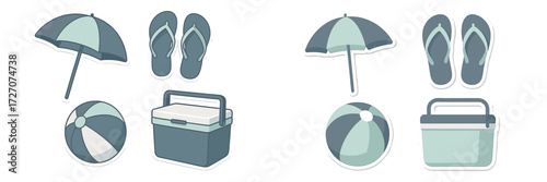 Summer beach day essentials with an umbrella, cooler, and flip flops for fun and relaxation