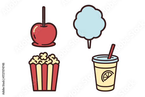 Colorful carnival snacks include a candy apple, cotton candy, popcorn, and a refreshing drink perfect for fairgoers