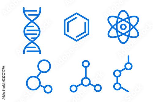 Blue scientific symbols representing DNA, molecules, and atomic structures on a clean background