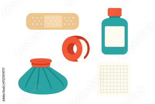 First aid supplies assortment including bandages, ointment, tape, and compress in bright colors