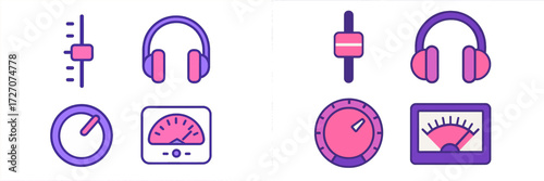 Colorful audio icons representing music controls and headphones for sound settings and adjustments