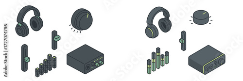 Different audio equipment displayed in a modern design layout with headphones, controls, and sound devices