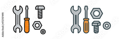 Tools and hardware on display featuring wrenches, screws, and different fasteners in a neat arrangement for easy access and identification
