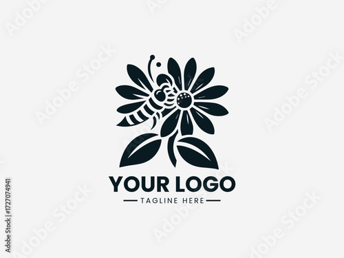 Elegant bee collecting nectar from detailed flower vector logo for organic garden brand identity