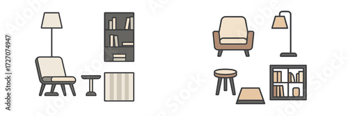 Stylish living room furniture set featuring comfortable chairs and elegant shelving units for modern home design