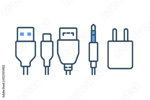 Collection of various charging cables and connectors arranged on a clean background for tech accessories