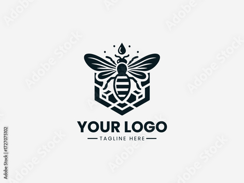 Detailed honey bee vector logo with transparent wings and honeycomb pattern for apiary business branding