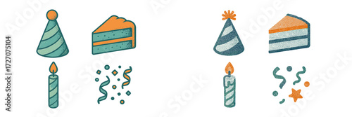 Festive party elements including cake, candles, and party hats for celebrations and gatherings