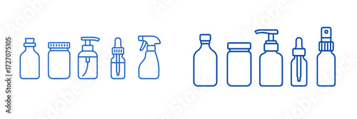 Collection of simple line drawings of various bottles and containers for cleaning and personal care products