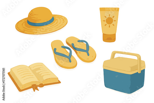 Summer essentials for a fun day at the beach or park including a straw hat and sunscreen