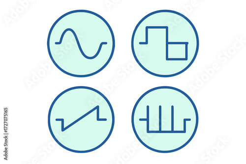 Different waveforms displayed in a graphic design showcasing sine, square, triangular, and sawtooth shapes