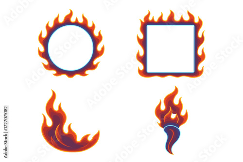 Bright flame designs featuring round and square shapes with colorful fiery accents in a creative, modern style