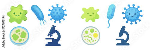 Colorful illustration of germs and bacteria with microscopes in a playful style suitable for educational purposes