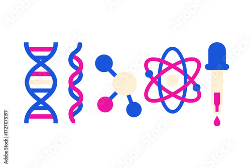 Bright and colorful scientific illustrations representing DNA, molecules, atoms, and pipettes in a modern style