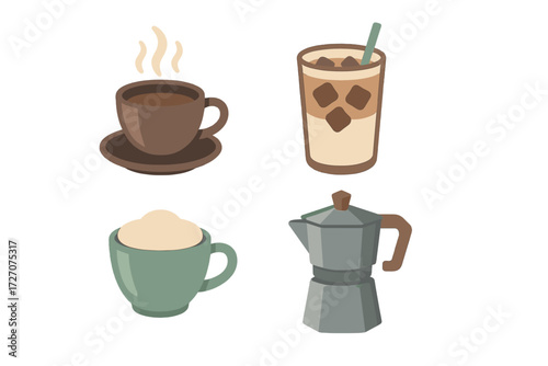 Different types of coffee drinks and brewing methods showcased in a simple illustration