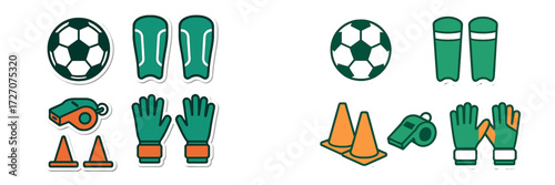 Sporting equipment including soccer balls, shin guards, cones, and gloves displayed in a clear arrangement against a plain background