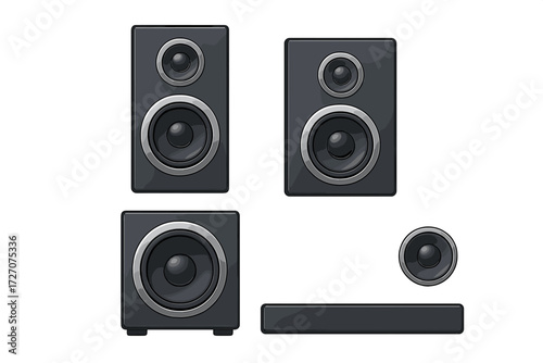 Sound system with speakers and subwoofer arranged for home entertainment setup