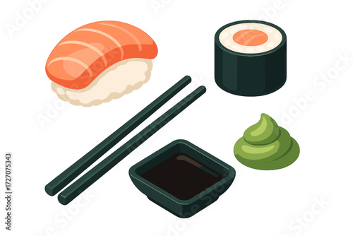 Various types of sushi with chopsticks, wasabi, and soy sauce on a plain background for culinary presentation