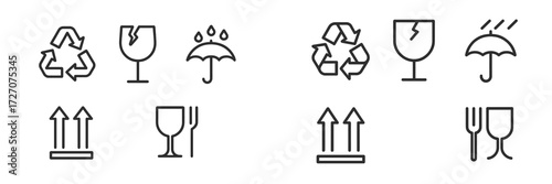 Icons representing recycling and care instructions for glassware and breakable items in everyday use
