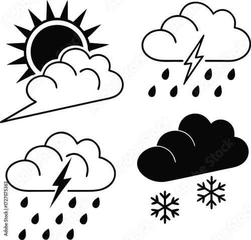 “Monochrome Vector Weather Icons: Cloud, Thunderstorm, Rain, Snow”