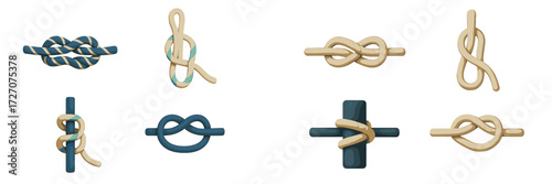 Different types of knots displayed in various colors and styles on a white background