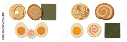 Colorful clay food models showcasing donuts, eggs, and other treats on a white background for creative activities