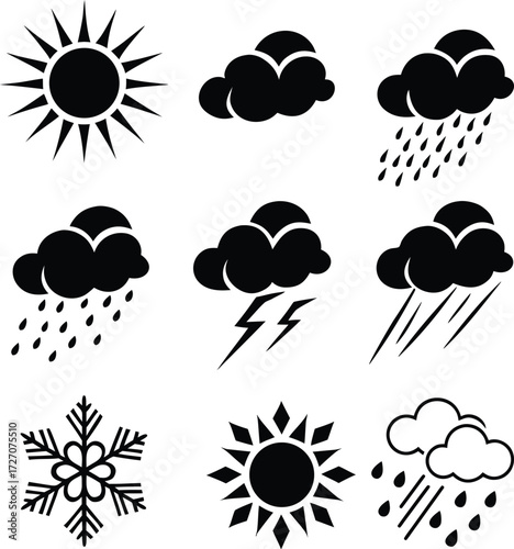 “Monochrome Vector Weather Icons Set: Sun, Cloud, Rain, Storm, Snow”