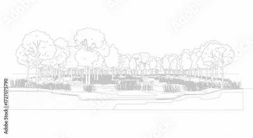 Architectural Sectional Drawing Illustrating A Forested Area With Subsurface Detail