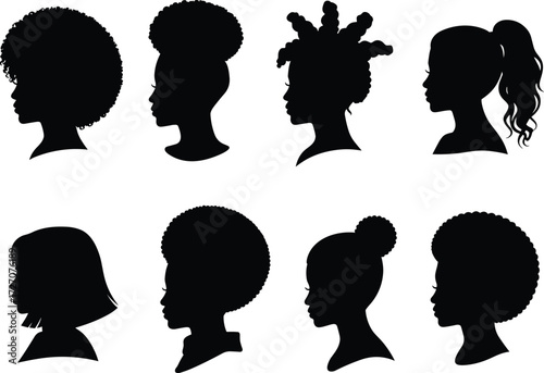 Silhouette vector illustration of diverse women hairstyles in profile, female head shapes, beauty fashion design, afro natural hair styles collection