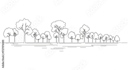Black and white outline of a forest with various sized trees on a plain background