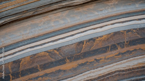 Wide crop of stone layers with geological striations in earthy tones