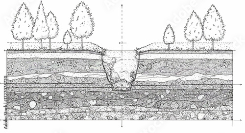 Cross Section of a Geological Formation with River and Trees Illustration