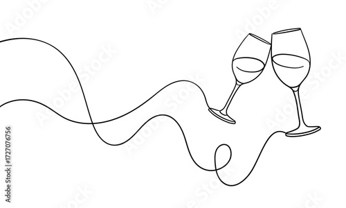Continuous line champagne cheers one line art, continuous drawing contour. Hands toasting with wine glasses with drinks. Cheers toast festive decoration for holidays. Vector illustration	