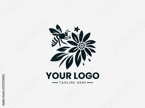 Elegant bee collecting nectar from detailed flower vector logo for organic garden brand identity