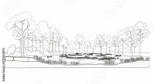Detailed Line Drawing of a Marshland Ecosystem with Trees and Vegetation