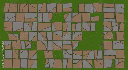 Detailed stone path illustration with grassy areas creating a textured design