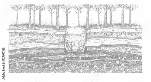 Detailed Sketch of Earth Layers and Tree Roots: Geological Cross-Section Illustration