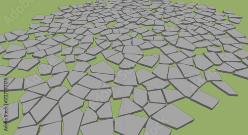 Digitally Rendered Flagstone Pavement Pattern on Green Surface for Outdoor Design