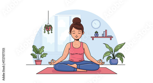 Serene Yoga Practice: A serene depiction of a person in the lotus position, engaged in a focused meditation, amidst a peaceful indoor environment. A calming scene representing health and wellness