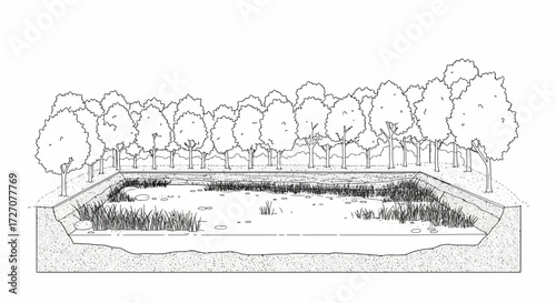 Illustrative depiction of a constructed wetland ecosystem with surrounding vegetation