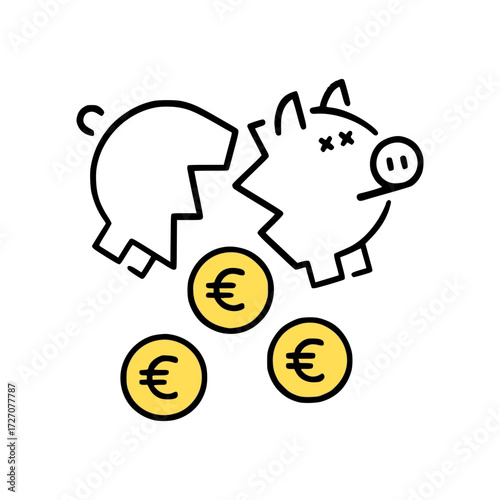 Broken piggy bank with scattered coins symbolizes financial crisis, debt, bankruptcy, and economic instability in a simple, modern illustration