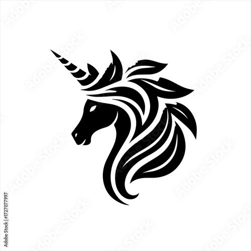 Stylized black unicorn head silhouette with flowing mane and horn