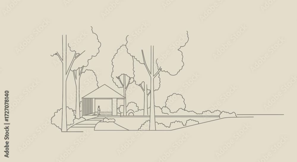 Fototapeta premium Minimalist line art drawing depicting a peaceful park scene with a gazebo