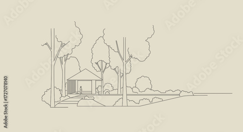 Minimalist line art drawing depicting a peaceful park scene with a gazebo