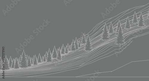 Minimalist line art of a forested mountain slope with coniferous trees