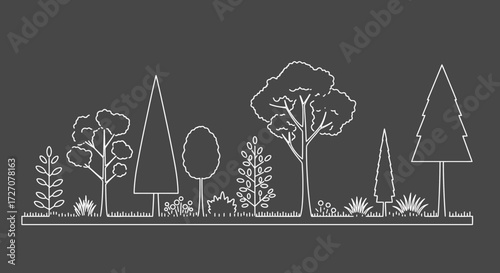 Minimalist line drawing of a forest landscape with various trees and plants