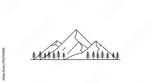 Minimalist Mountain Range Line Art with Evergreen Trees in a Serene Landscape